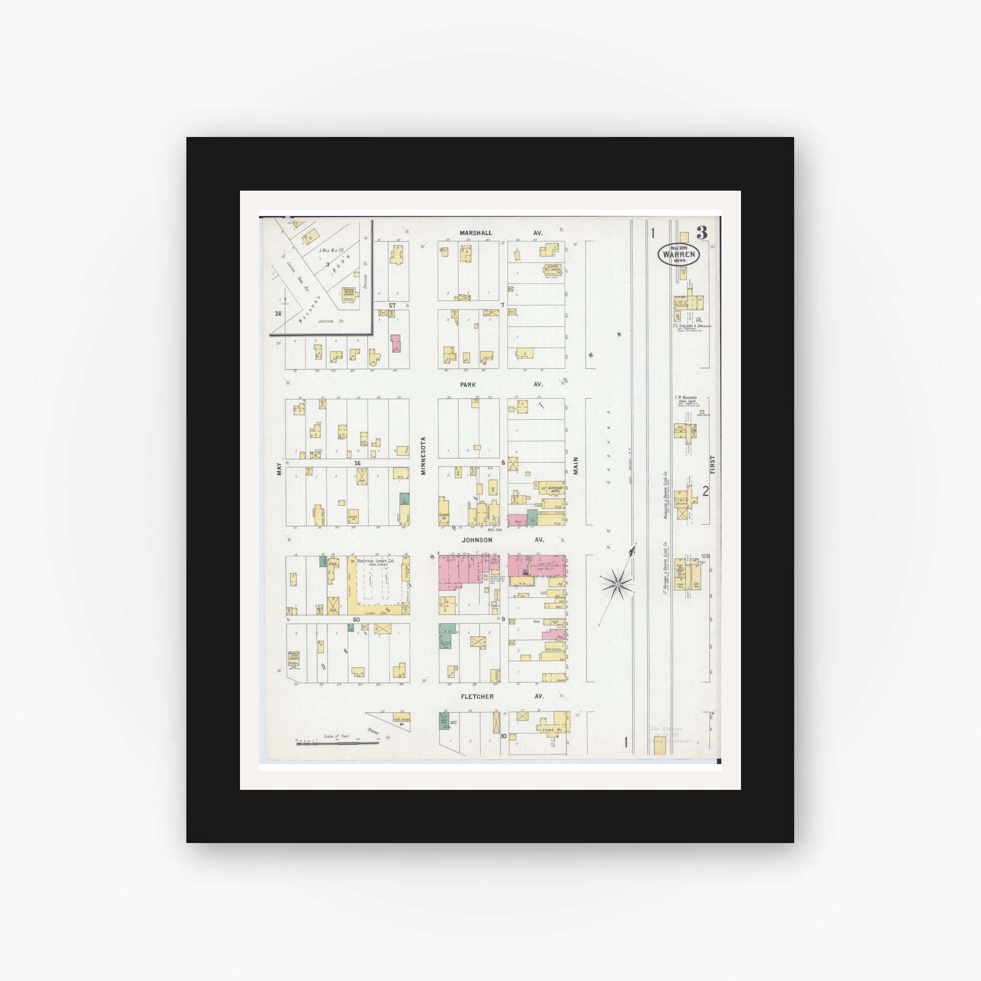 Old map wall art mockup — black gallery frame with white mat — Sanborn Fire Insurance Map from Warren, Marshall County, Minnesota (1899), Sheet #0003