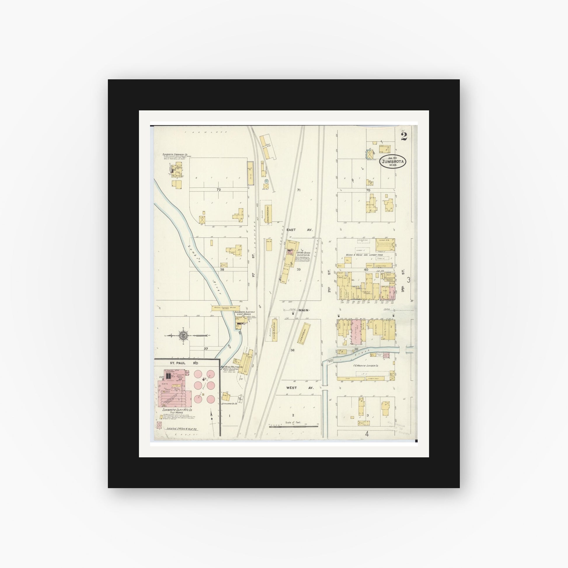 Old map wall art mockup — black gallery frame with white mat — Sanborn Fire Insurance Map from Zumbrota, Goodhue County, Minnesota (1911), Sheet #0002