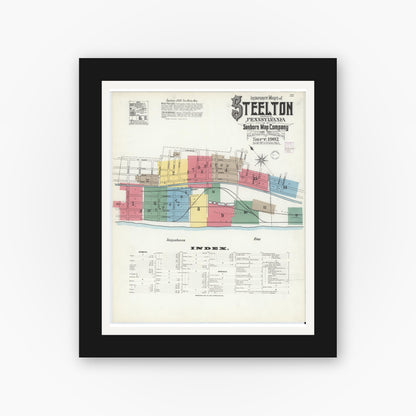 Old map wall art mockup — black gallery frame with white mat — Sanborn Fire Insurance Map from Steelton, Dauphin County, Pennsylvania (1902), Sheet #0001