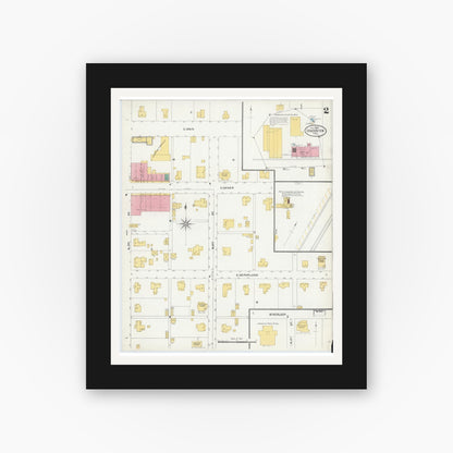 Old map wall art mockup — black gallery frame with white mat — Sanborn Fire Insurance Map from Grandview, Johnson County, Texas (1905), Sheet #0002