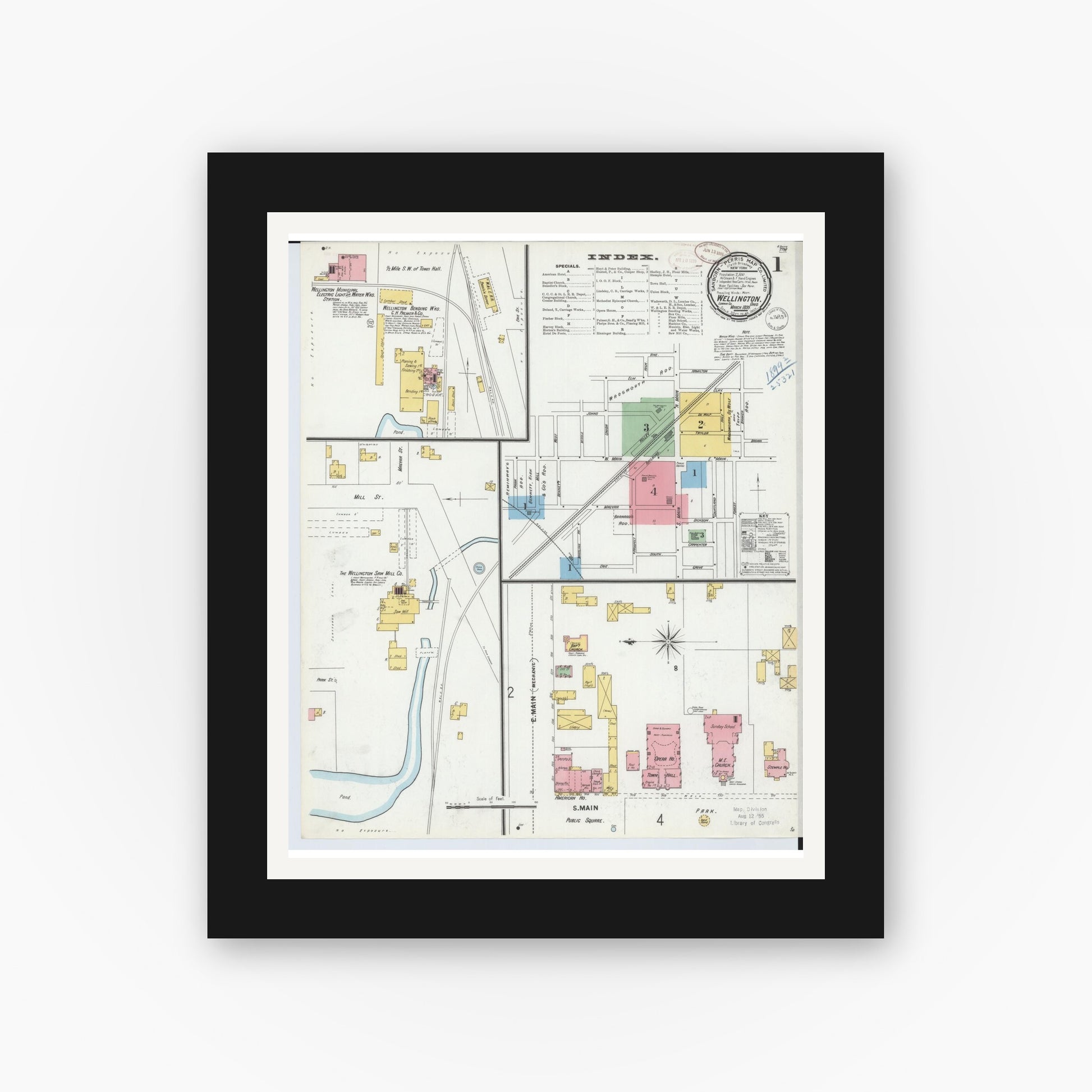 Old map wall art mockup — black gallery frame with white mat — Sanborn Fire Insurance Map from Wellington, Lorain County, Ohio (1899), Sheet #0001