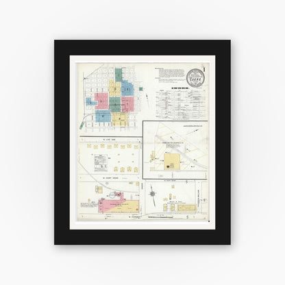 Old map wall art mockup — black gallery frame with white mat — Sanborn Fire Insurance Map from Cuero, De Witt County, Texas (1912), Sheet #0001