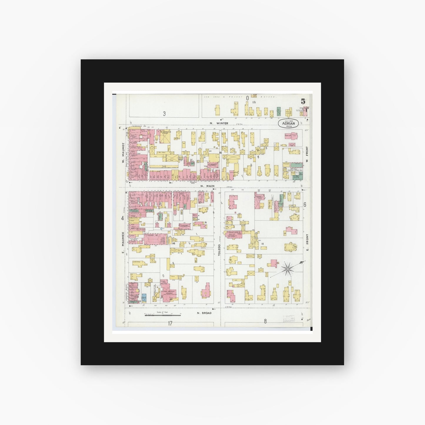 Old map wall art mockup — black gallery frame with white mat — Sanborn Fire Insurance Map from Adrian, Lenawee County, Michigan (1899), Sheet #0005