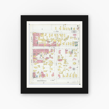Old map wall art mockup — black gallery frame with white mat — Sanborn Fire Insurance Map from Adrian, Lenawee County, Michigan (1899), Sheet #0005