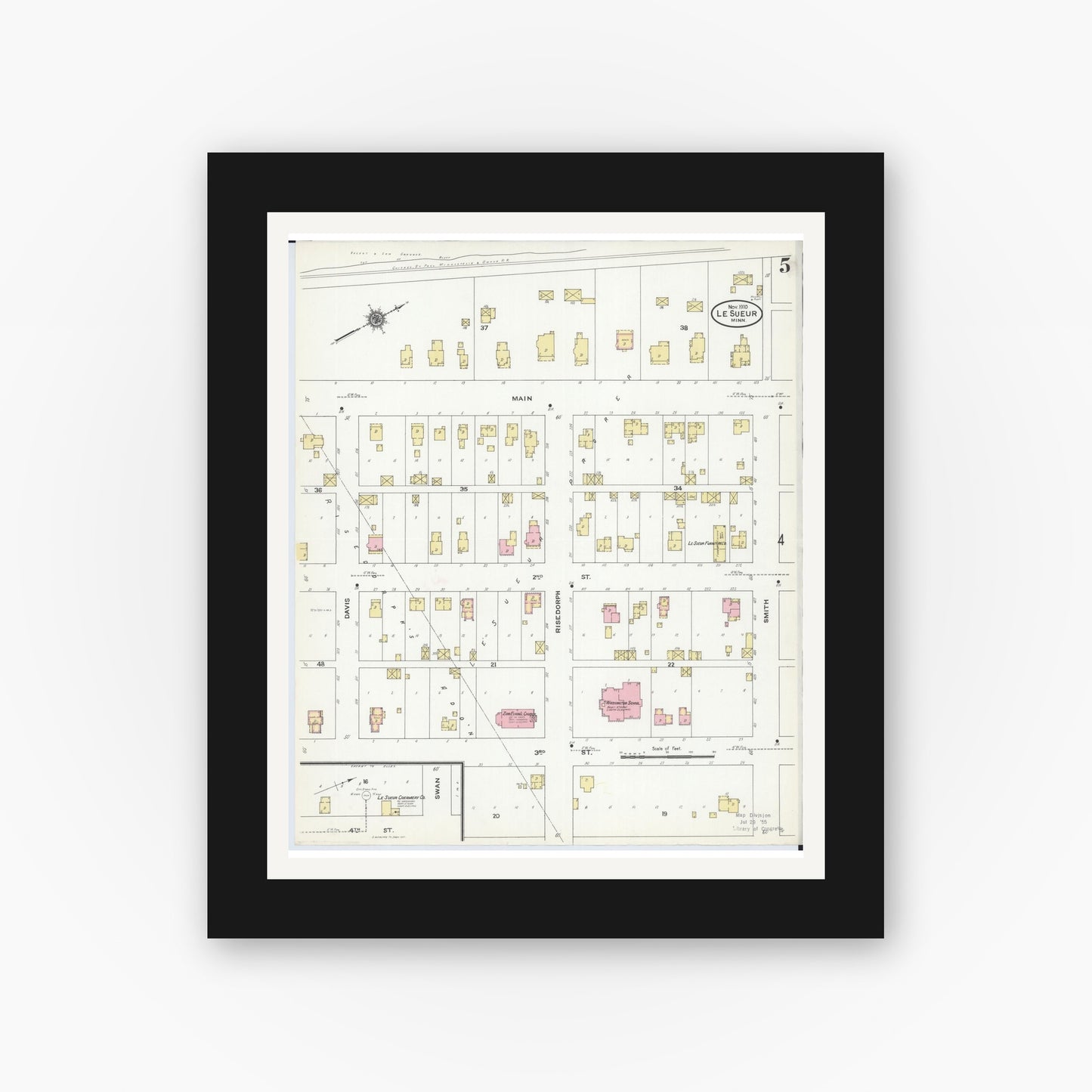 Old map wall art mockup — black gallery frame with white mat — Sanborn Fire Insurance Map from Le Sueur, Le Sueur County, Minnesota (1910), Sheet #0005
