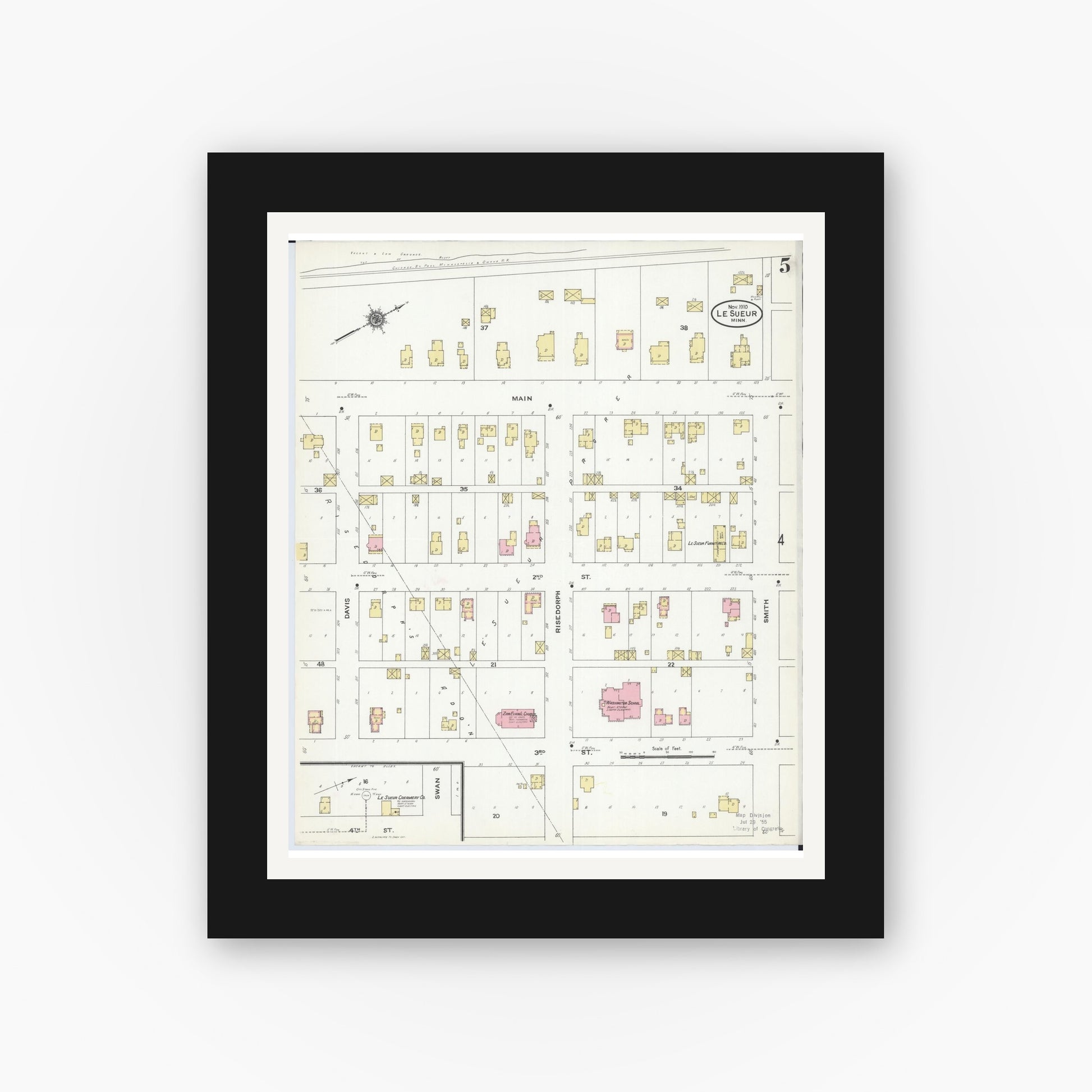 Old map wall art mockup — black gallery frame with white mat — Sanborn Fire Insurance Map from Le Sueur, Le Sueur County, Minnesota (1910), Sheet #0005