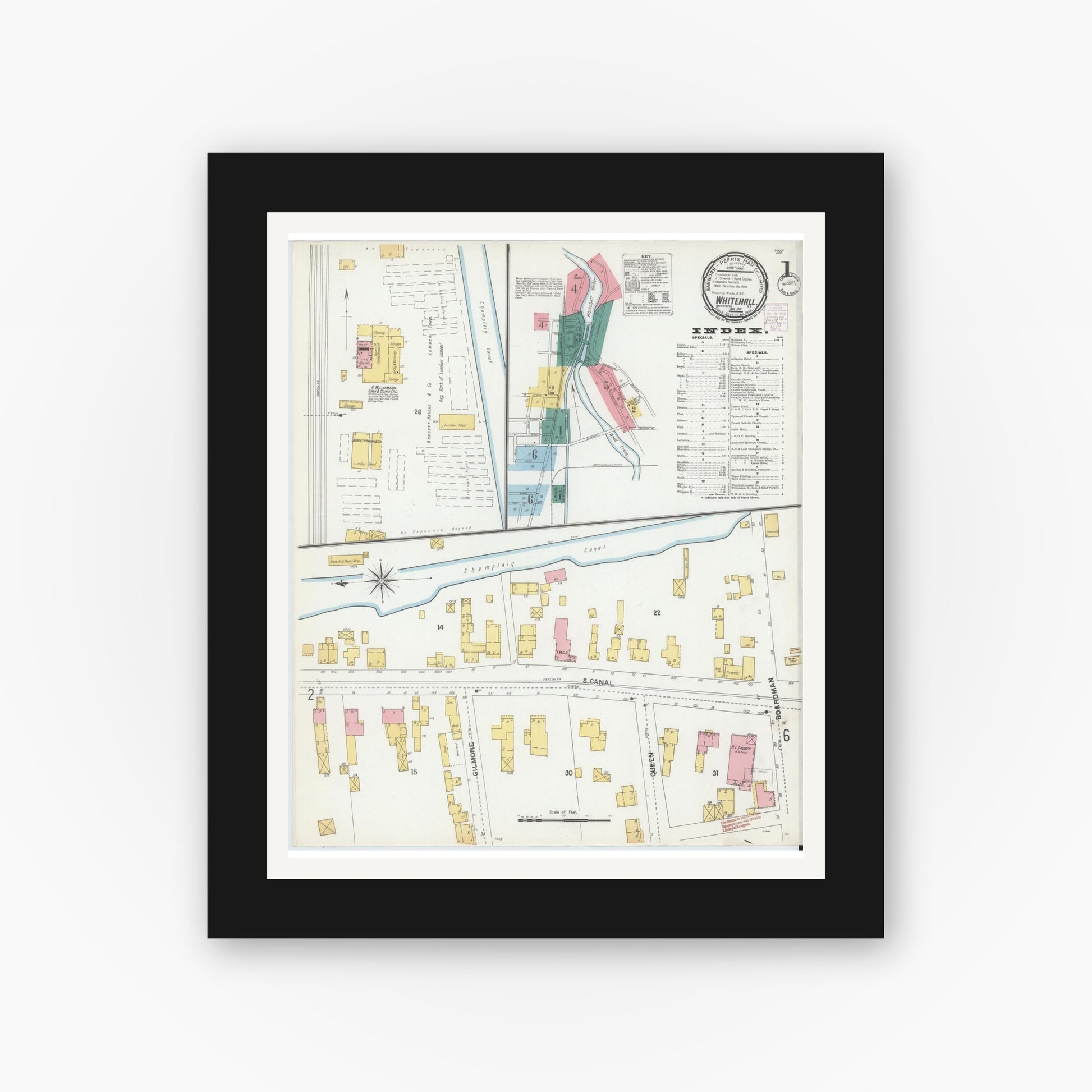 Old map wall art mockup — black gallery frame with white mat — Sanborn Fire Insurance Map from Whitehall, Washington County, New York (1901), Sheet #0001
