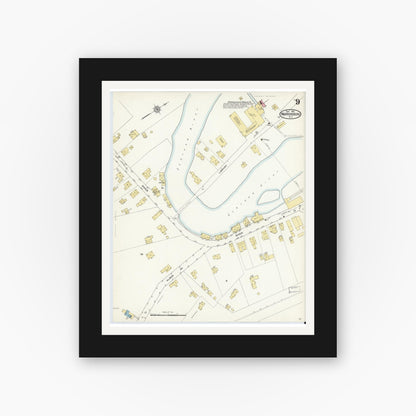 Old map wall art mockup — black gallery frame with white mat — Sanborn Fire Insurance Map from Warrensburg, Warren County, New York (1912), Sheet #0009