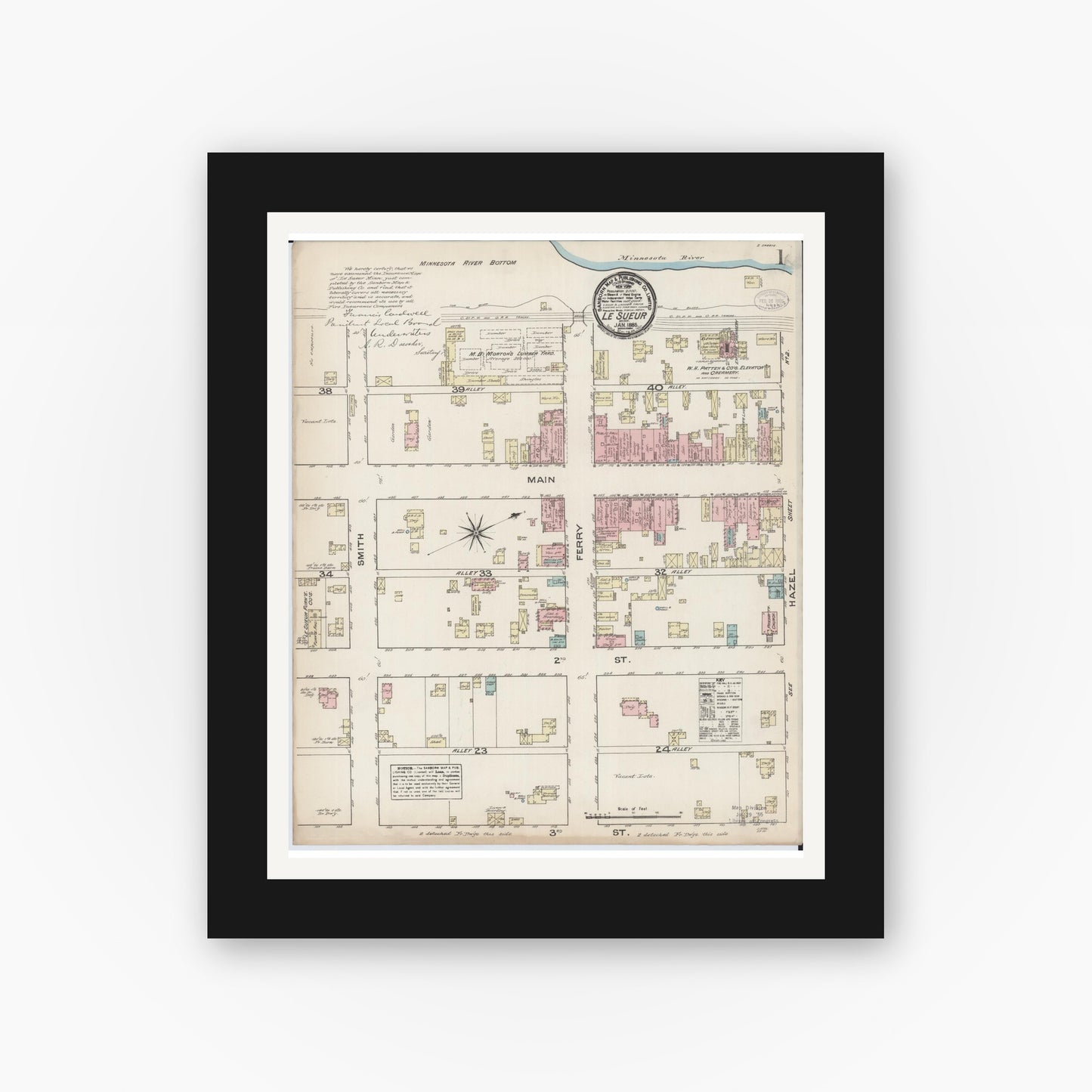Old map wall art mockup — black gallery frame with white mat — Sanborn Fire Insurance Map from Le Sueur, Le Sueur County, Minnesota (1885), Sheet #0001