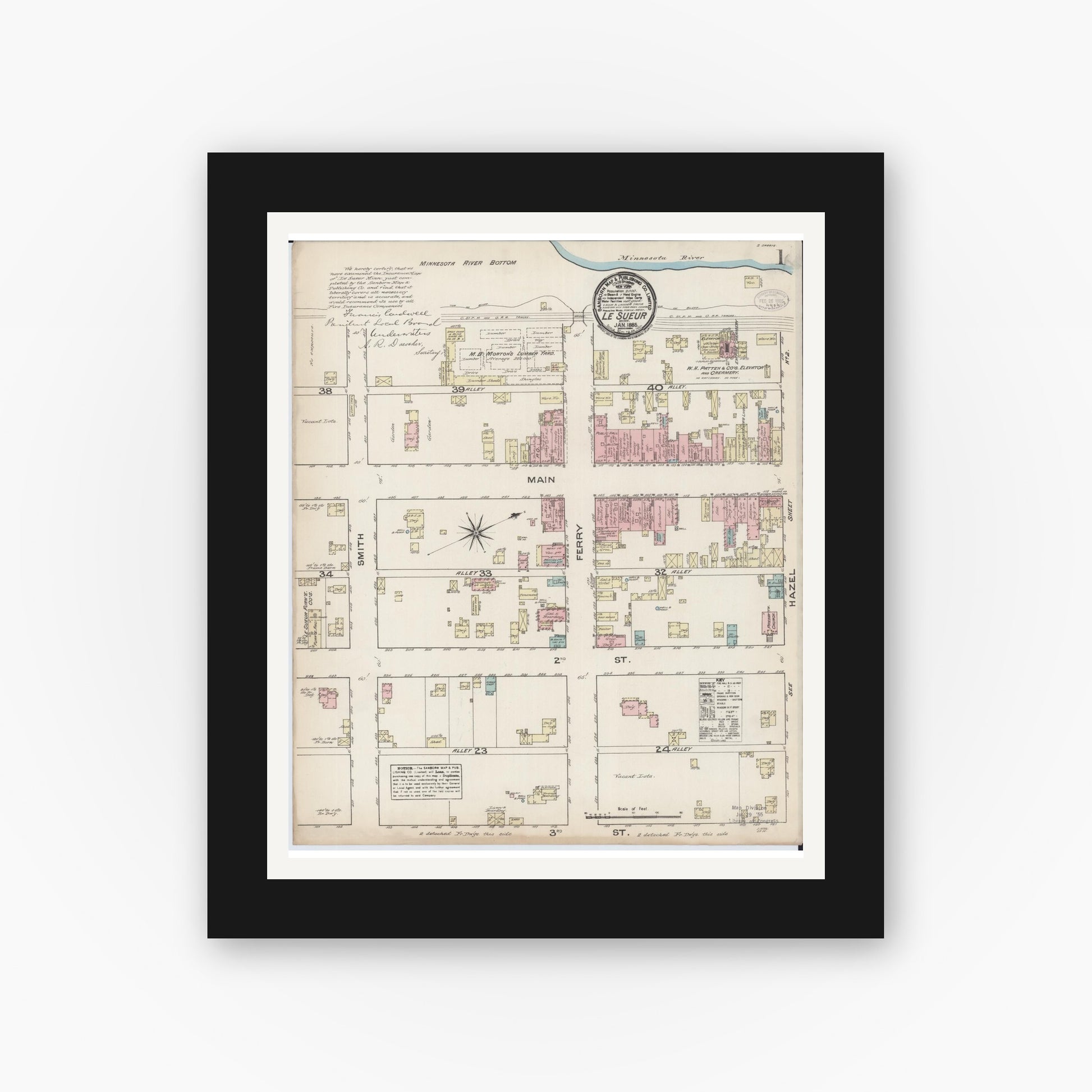 Old map wall art mockup — black gallery frame with white mat — Sanborn Fire Insurance Map from Le Sueur, Le Sueur County, Minnesota (1885), Sheet #0001