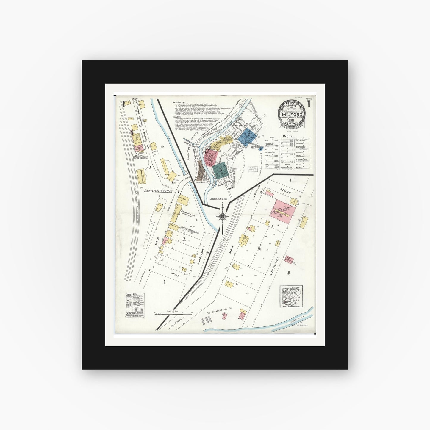 Old map wall art mockup — black gallery frame with white mat — Sanborn Fire Insurance Map from Milford, Clermont And Hamilton County, Ohio (1925), Sheet #0001