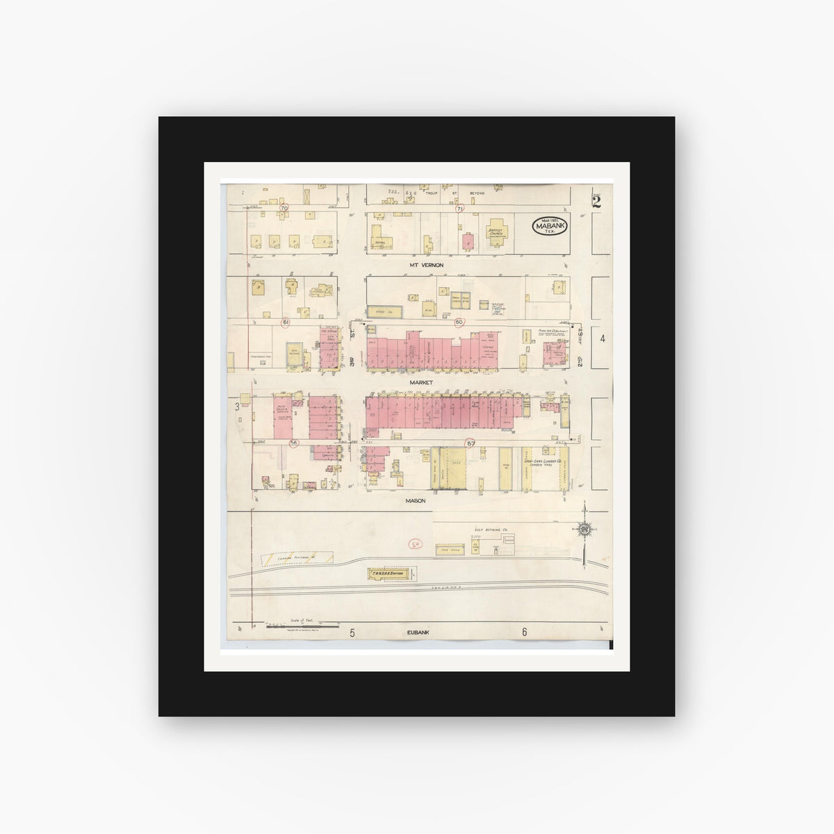 Old map wall art mockup — black gallery frame with white mat — Sanborn Fire Insurance Map from Mabank, Kaufman County, Texas (1934), Sheet #0002
