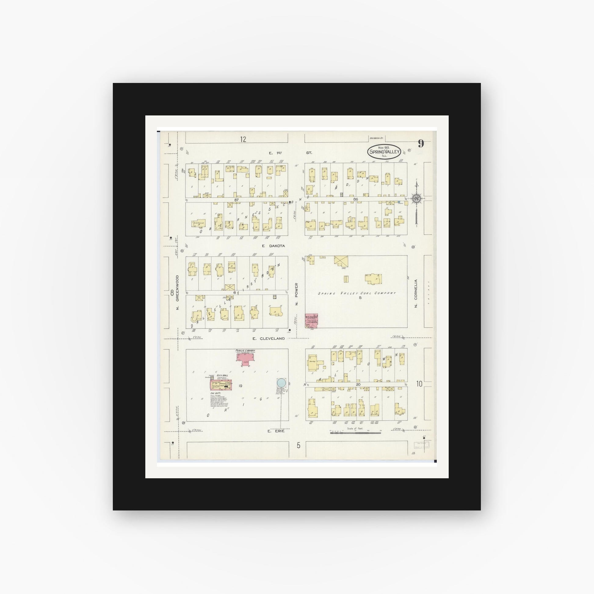 Old map wall art mockup — black gallery frame with white mat — Sanborn Fire Insurance Map from Spring Valley, Bureau County, Illinois (1913), Sheet #0009
