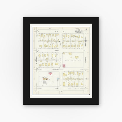 Old map wall art mockup — black gallery frame with white mat — Sanborn Fire Insurance Map from Spring Valley, Bureau County, Illinois (1913), Sheet #0009