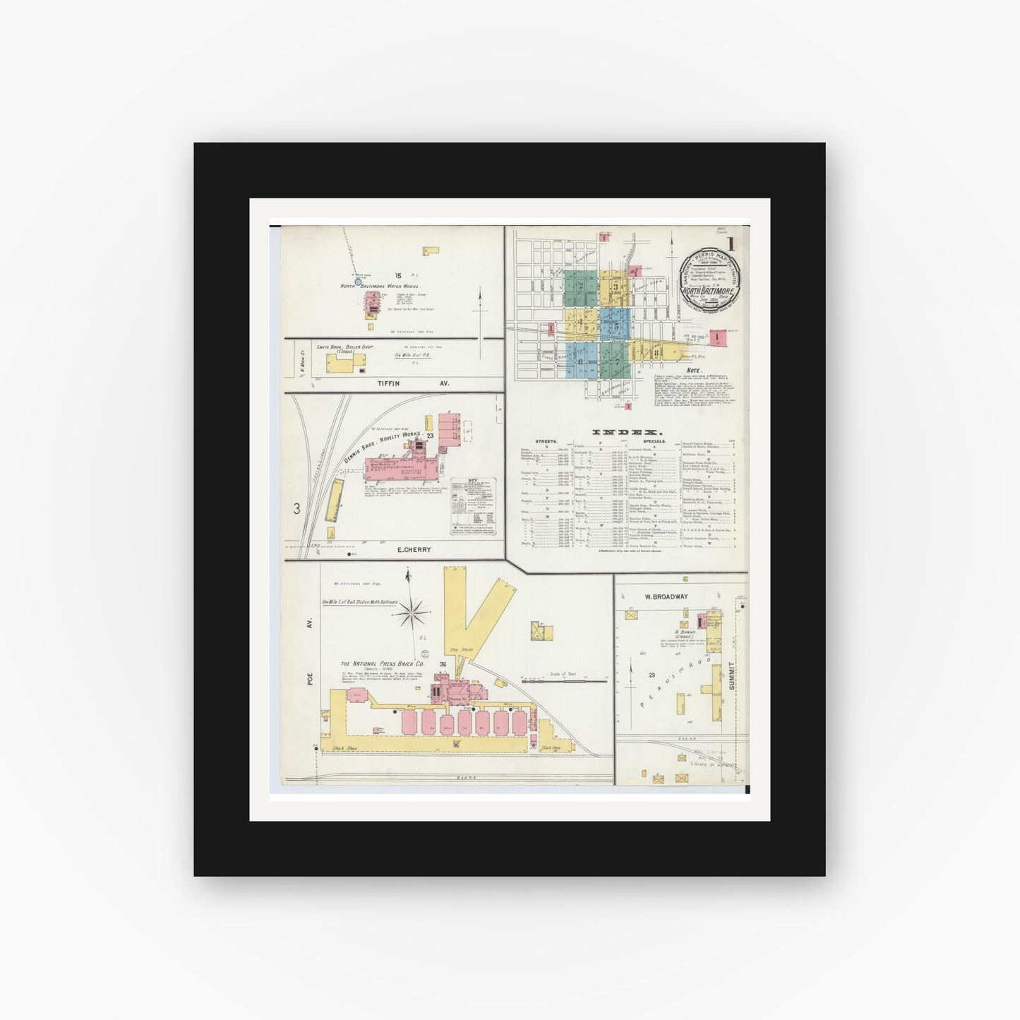Old map wall art mockup — black gallery frame with white mat — Sanborn Fire Insurance Map from North Baltimore, Wood County, Ohio (1900), Sheet #0001