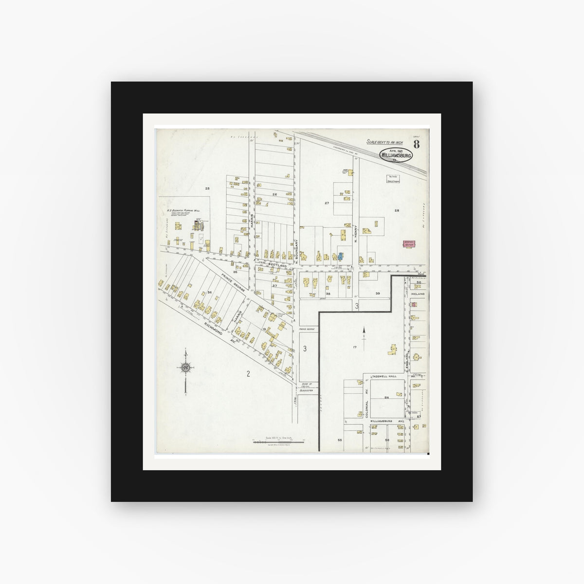 Old map wall art mockup — black gallery frame with white mat — Sanborn Fire Insurance Map from Williamsburg, Independent Cities, Virginia (1921), Sheet #0008