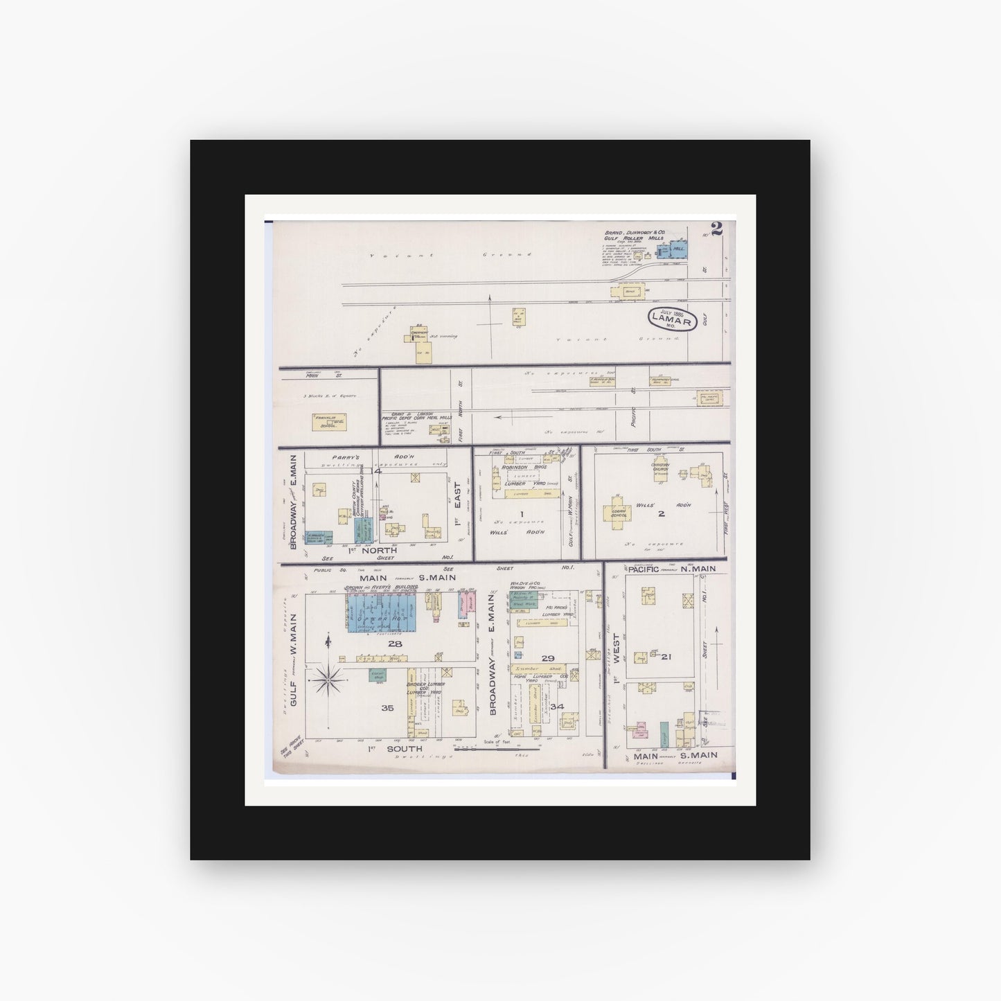 Old map wall art mockup — black gallery frame with white mat — Sanborn Fire Insurance Map from Lamar, Barton County, Missouri (1885), Sheet #0002