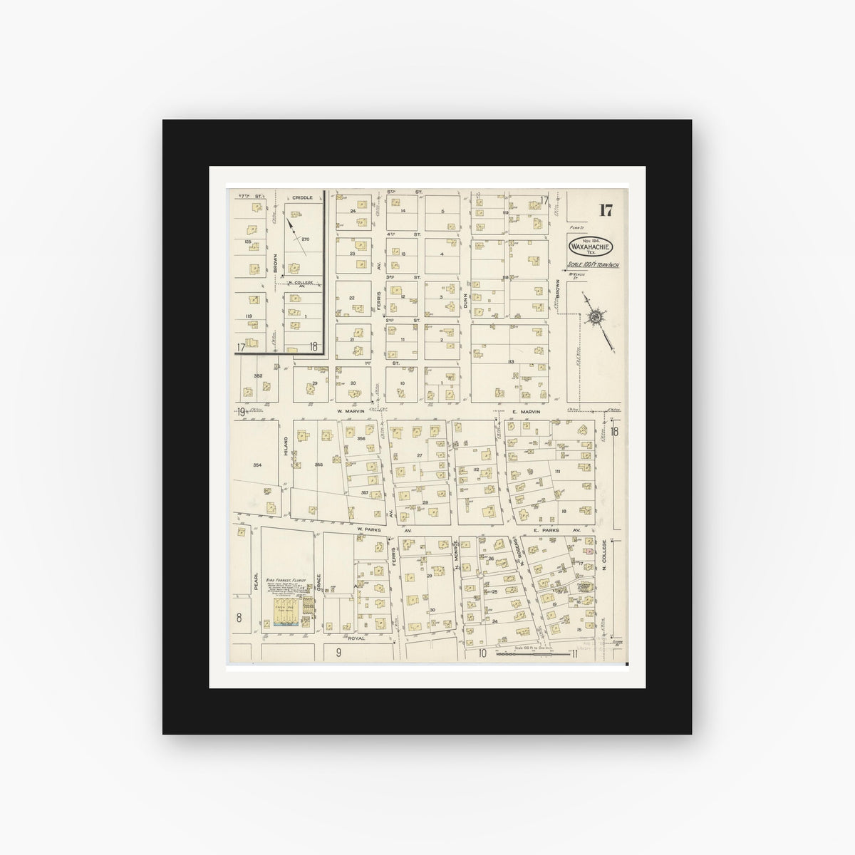 Old map wall art mockup — black gallery frame with white mat — Sanborn Fire Insurance Map from Waxahachie, Ellis County, Texas (1914), Sheet #0017