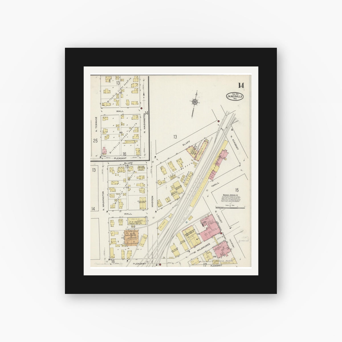 Old map wall art mockup — black gallery frame with white mat — Sanborn Fire Insurance Map from Janesville, Rock County, Wisconsin (1915), Sheet #0014
