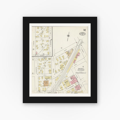 Old map wall art mockup — black gallery frame with white mat — Sanborn Fire Insurance Map from Janesville, Rock County, Wisconsin (1915), Sheet #0014