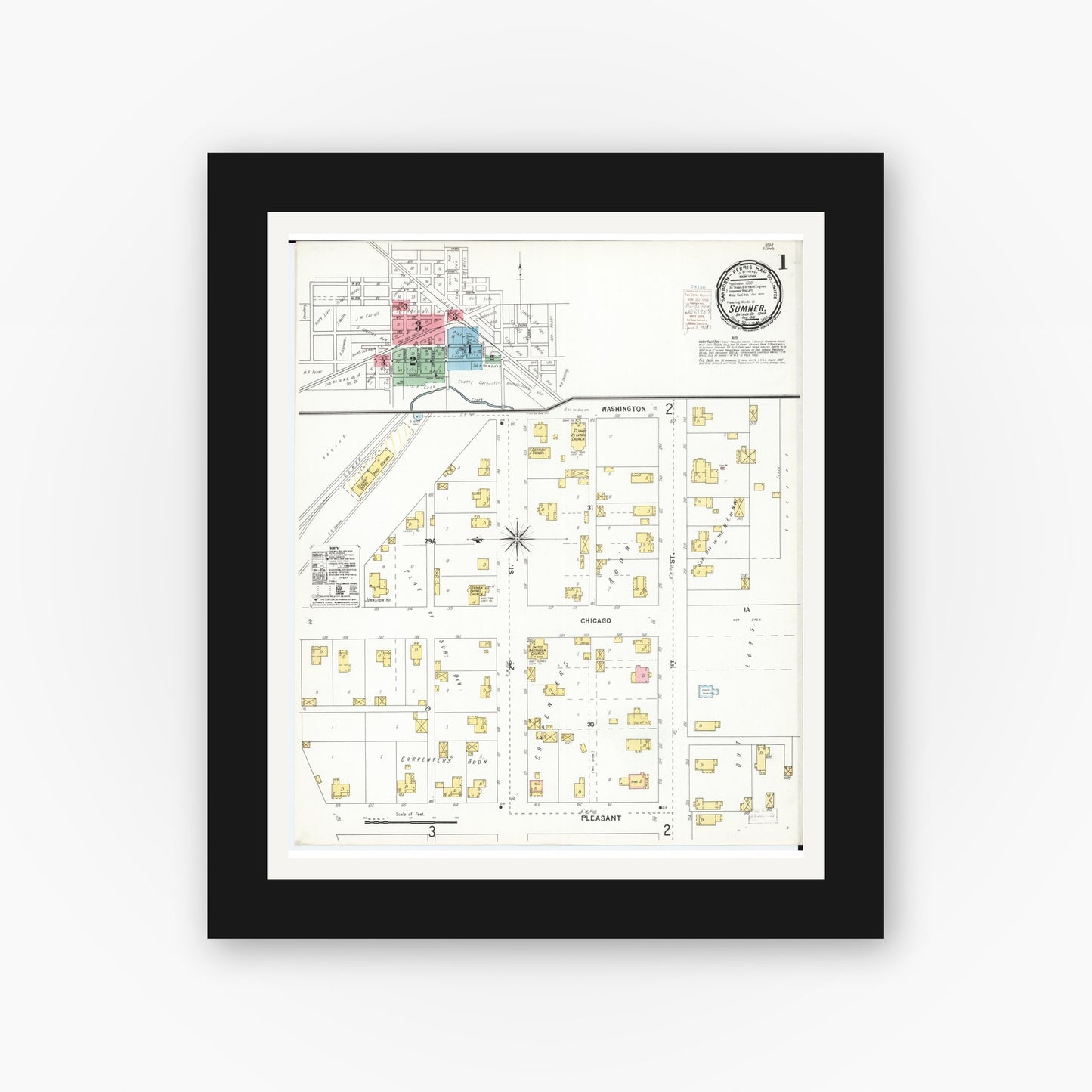 Old map wall art mockup — black gallery frame with white mat — Sanborn Fire Insurance Map from Sumner, Bremer County, Iowa (1900), Sheet #0001