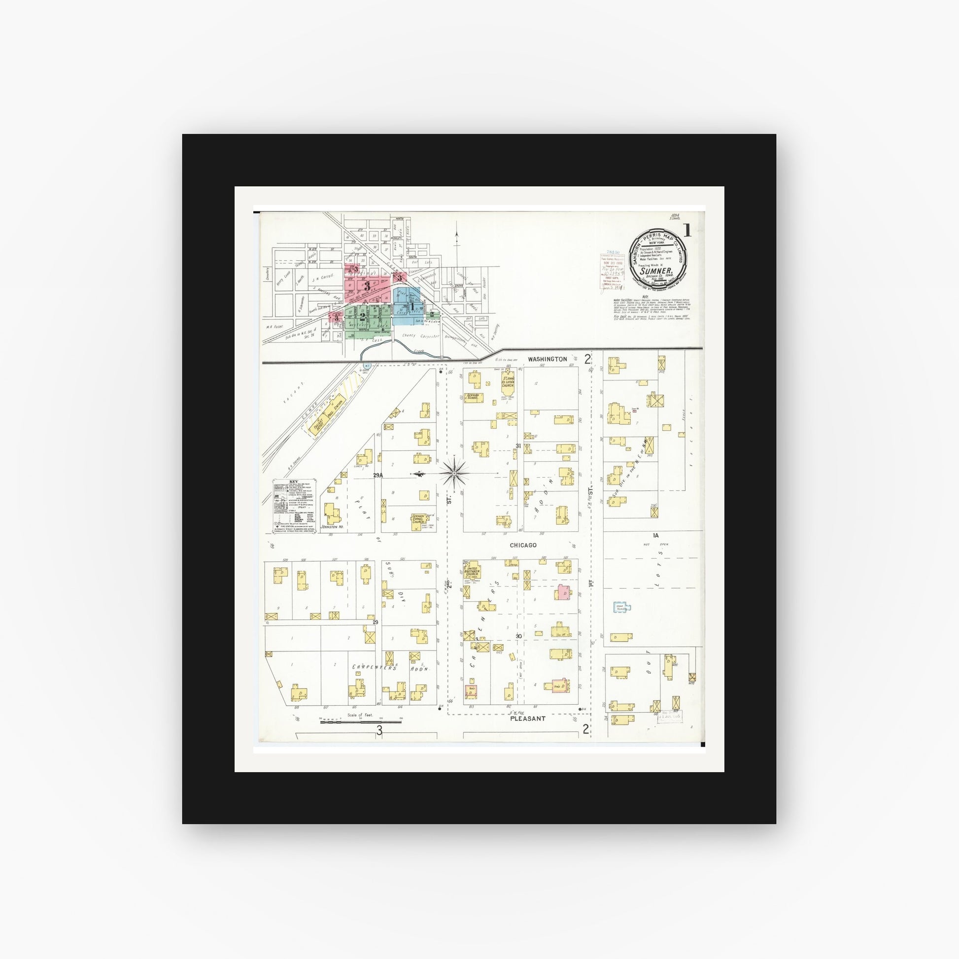 Old map wall art mockup — black gallery frame with white mat — Sanborn Fire Insurance Map from Sumner, Bremer County, Iowa (1900), Sheet #0001