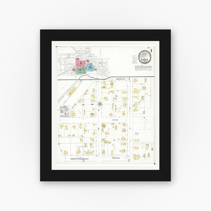 Old map wall art mockup — black gallery frame with white mat — Sanborn Fire Insurance Map from Sumner, Bremer County, Iowa (1900), Sheet #0001