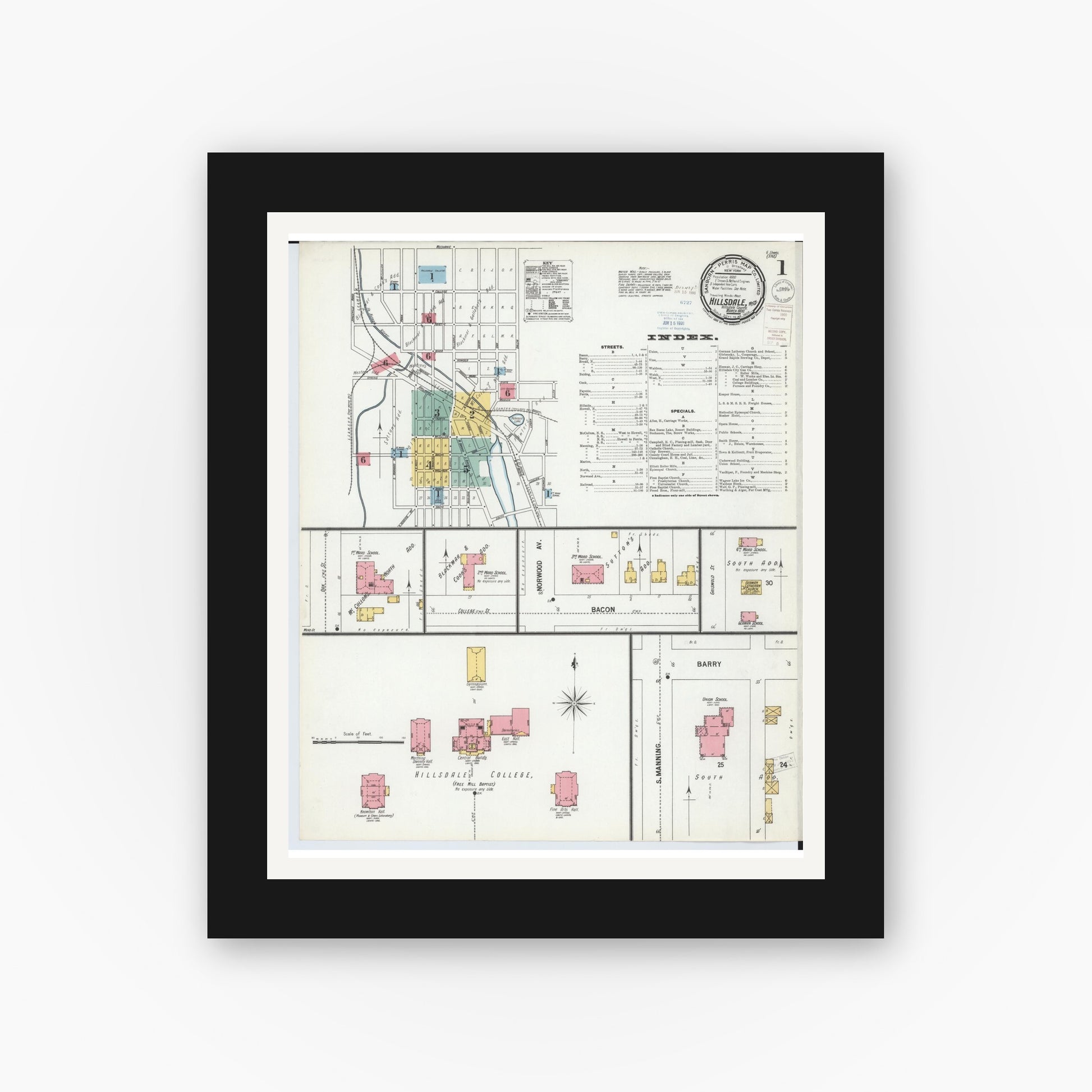 Old map wall art mockup — black gallery frame with white mat — Sanborn Fire Insurance Map from Hillsdale, Hillsdale County, Michigan (1900) - Complete Map Set