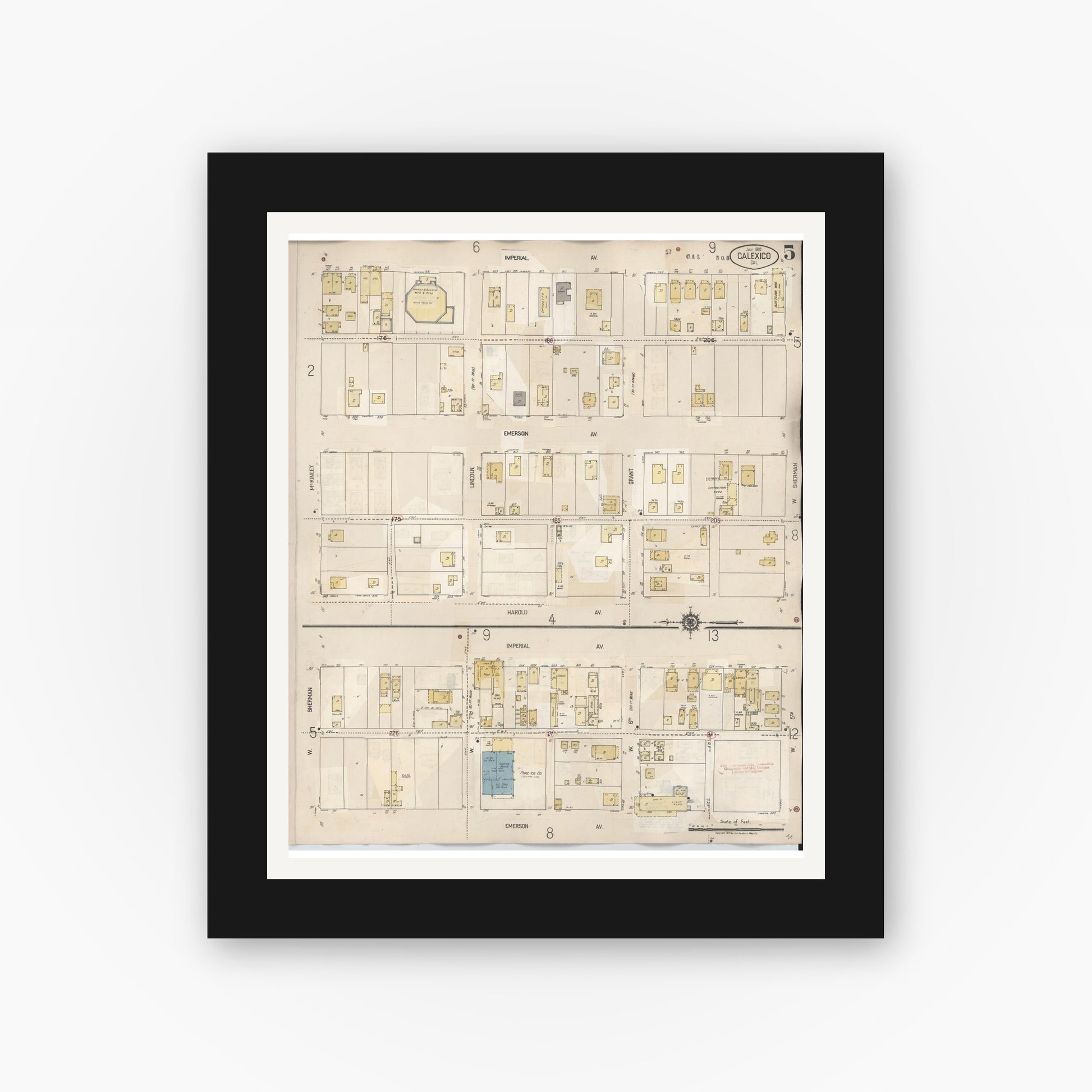 Old map wall art mockup — black gallery frame with white mat — Sanborn Fire Insurance Map from Calexico, Imperial County, California (1949), Sheet #0005