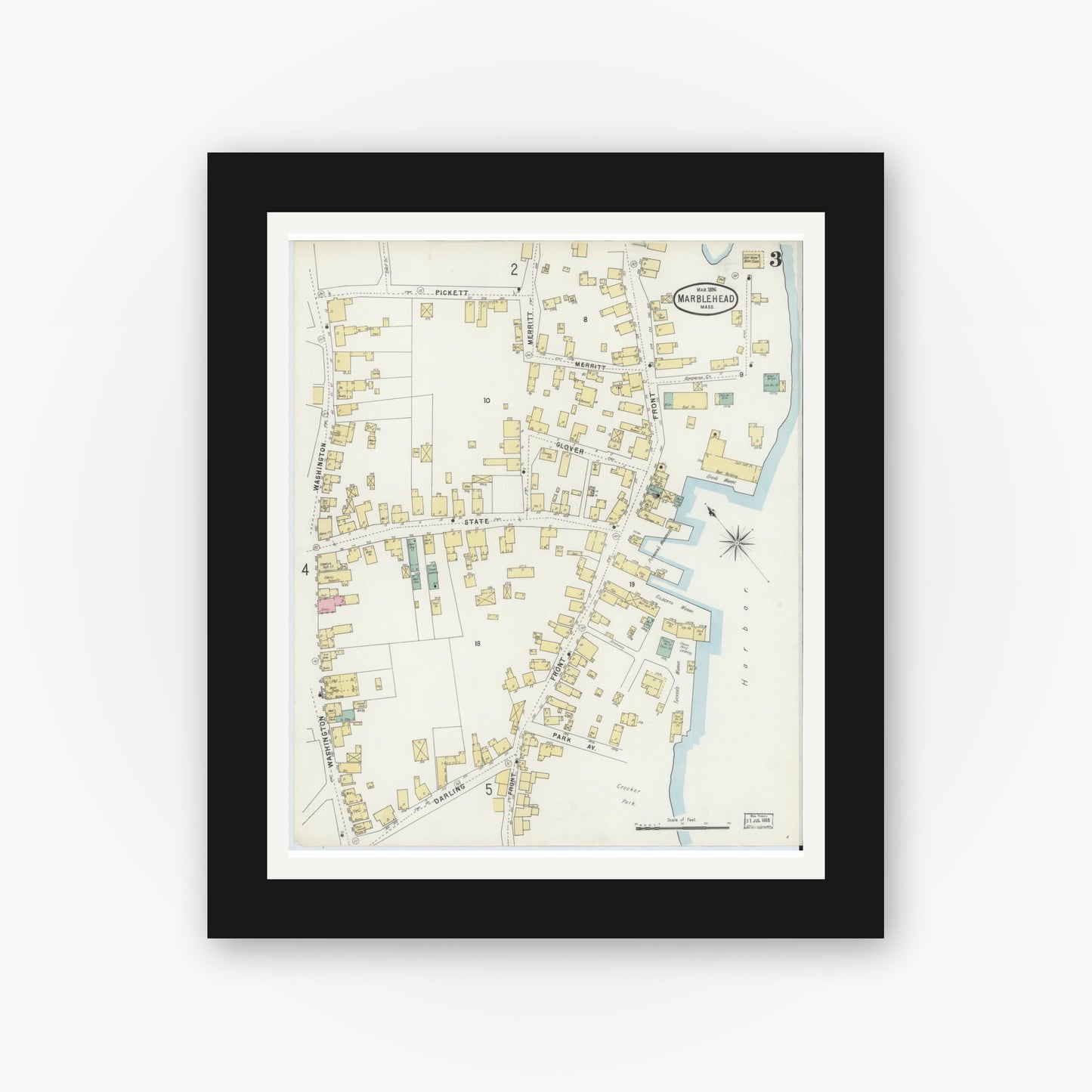 Old map wall art mockup — black gallery frame with white mat — Sanborn Fire Insurance Map from Marblehead, Essex County, Massachusetts (1896), Sheet #0003