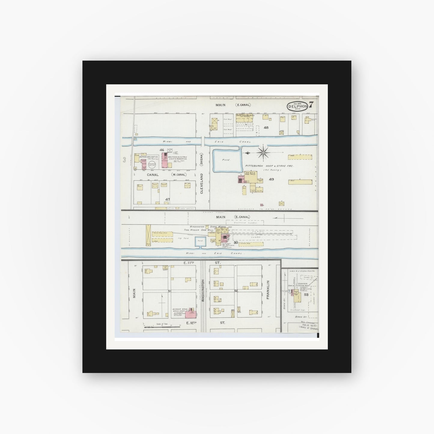 Old map wall art mockup — black gallery frame with white mat — Sanborn Fire Insurance Map from Delphos, Van Wert And Allen Counties, Ohio (1892), Sheet #0007