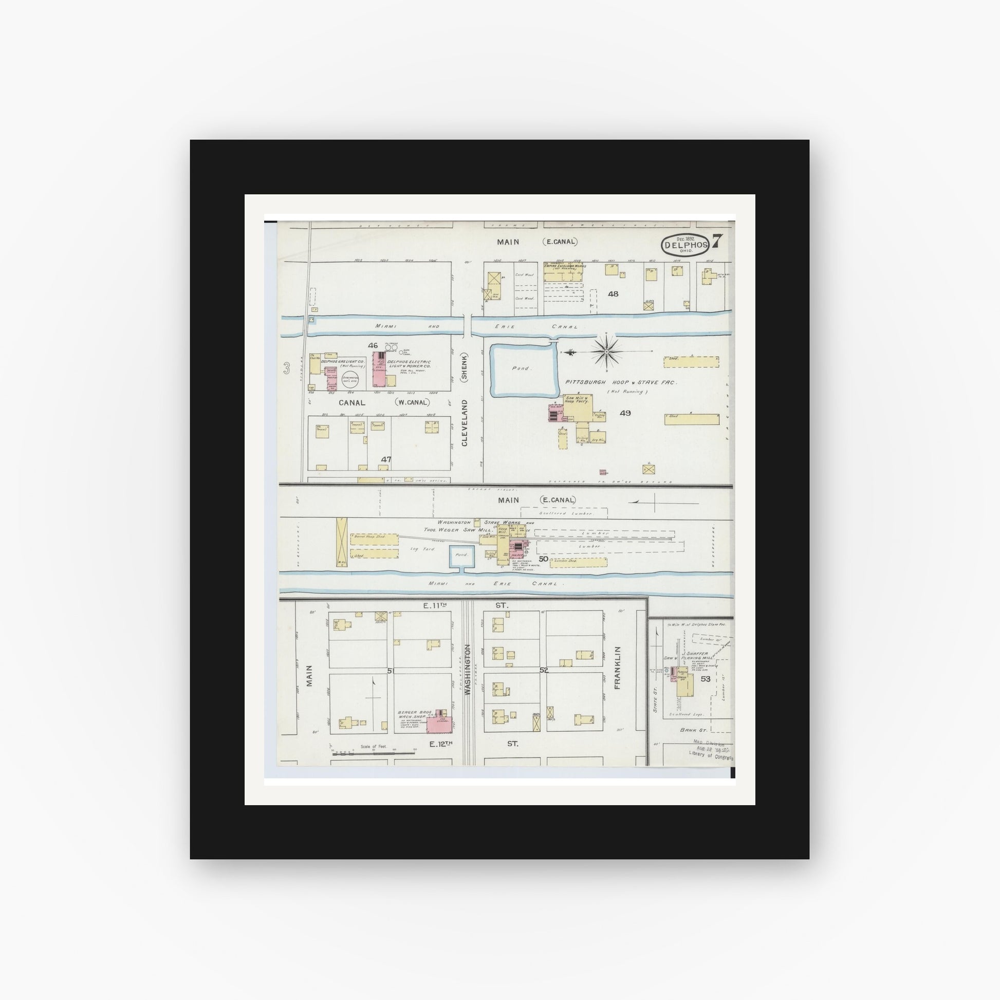Old map wall art mockup — black gallery frame with white mat — Sanborn Fire Insurance Map from Delphos, Van Wert And Allen Counties, Ohio (1892), Sheet #0007
