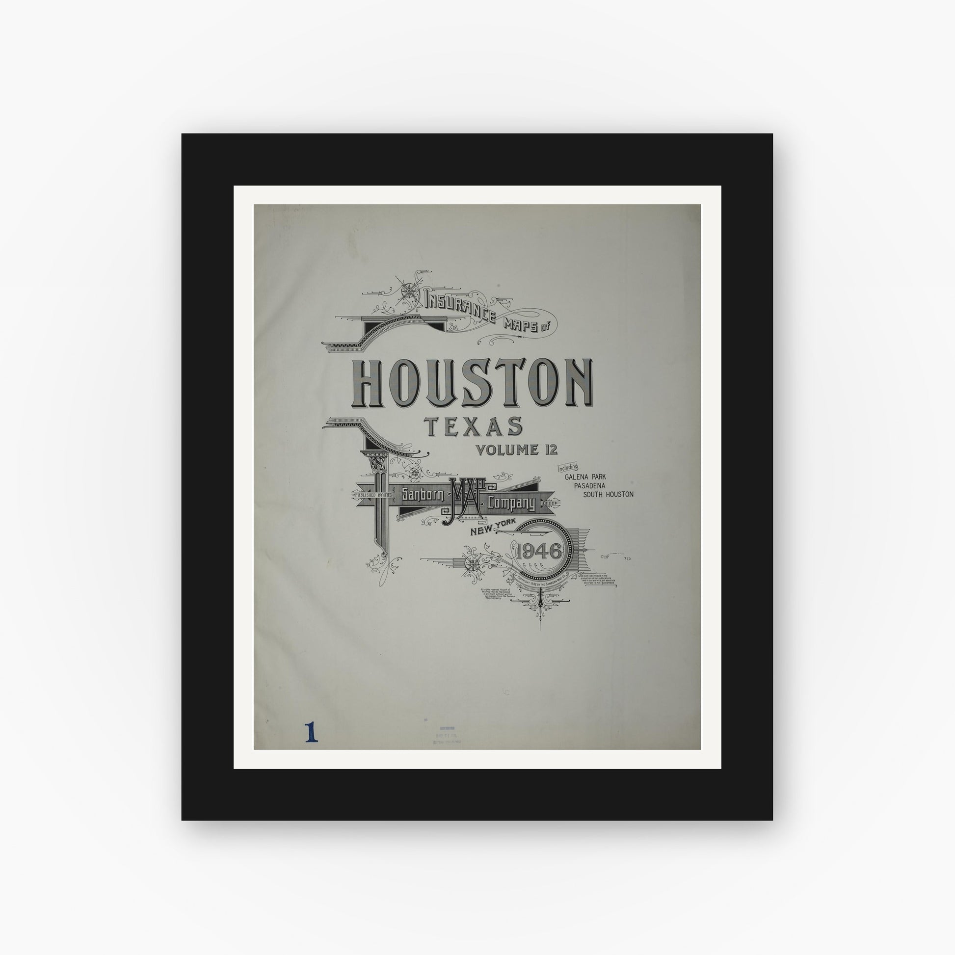 Old map wall art mockup — black gallery frame with white mat — Sanborn Fire Insurance Map from Houston, Harris County, Texas (1946), Sheet #0001
