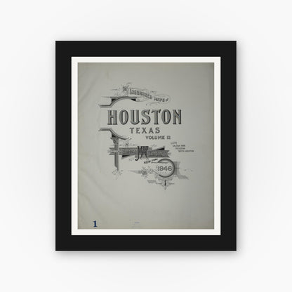 Old map wall art mockup — black gallery frame with white mat — Sanborn Fire Insurance Map from Houston, Harris County, Texas (1946), Sheet #0001