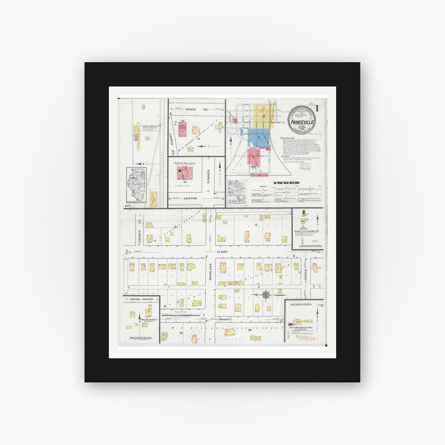 Old map wall art mockup — black gallery frame with white mat — Sanborn Fire Insurance Map from Princeville, Peoria County, Illinois (1918) - Complete Map Set