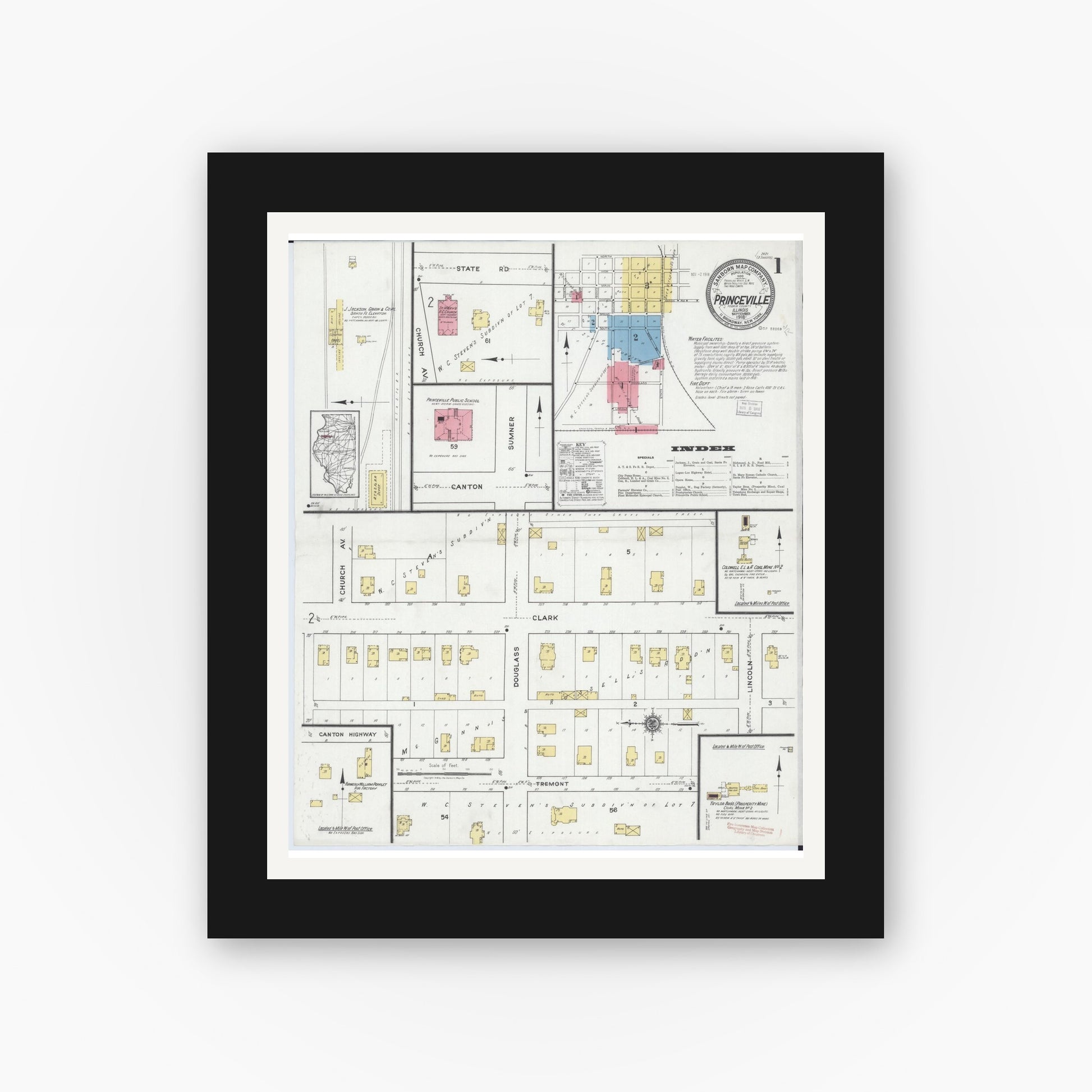 Old map wall art mockup — black gallery frame with white mat — Sanborn Fire Insurance Map from Princeville, Peoria County, Illinois (1918) - Complete Map Set