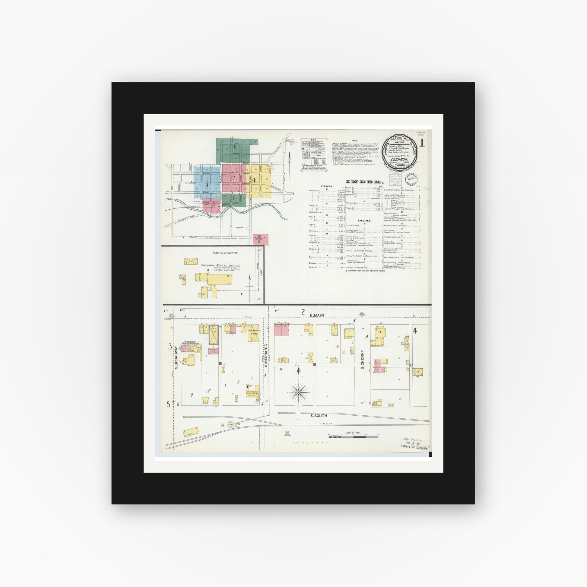 Old map wall art mockup — black gallery frame with white mat — Sanborn Fire Insurance Map from Lebanon, Warren County, Ohio (1901), Sheet #0001