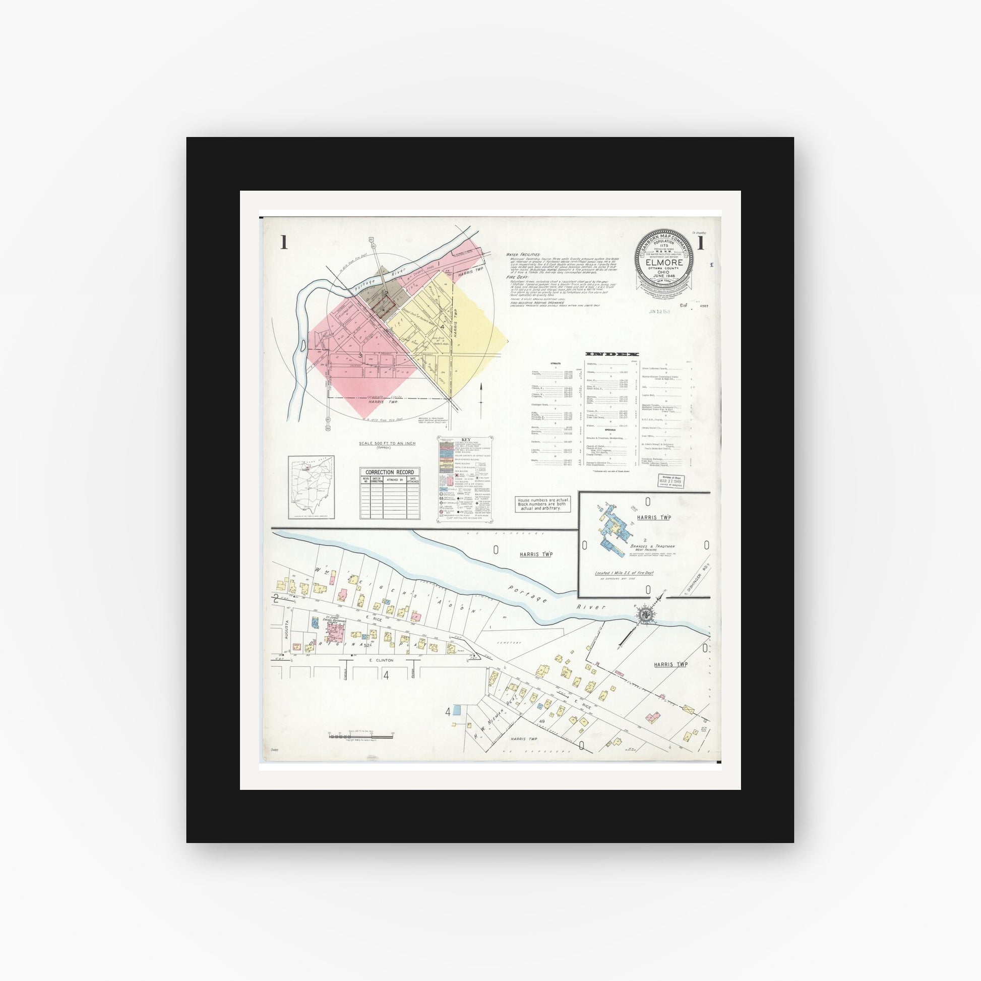 Old map wall art mockup — black gallery frame with white mat — Sanborn Fire Insurance Map from Elmore, Ottawa County, Ohio (1948) - Complete Map Set