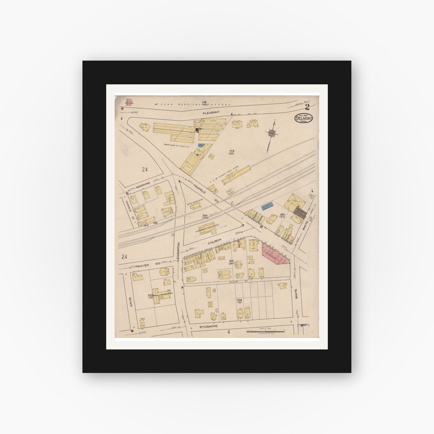 Old map wall art mockup — black gallery frame with white mat — Sanborn Fire Insurance Map from Belmont, Middlesex County, Massachusetts (1922), Sheet #0002