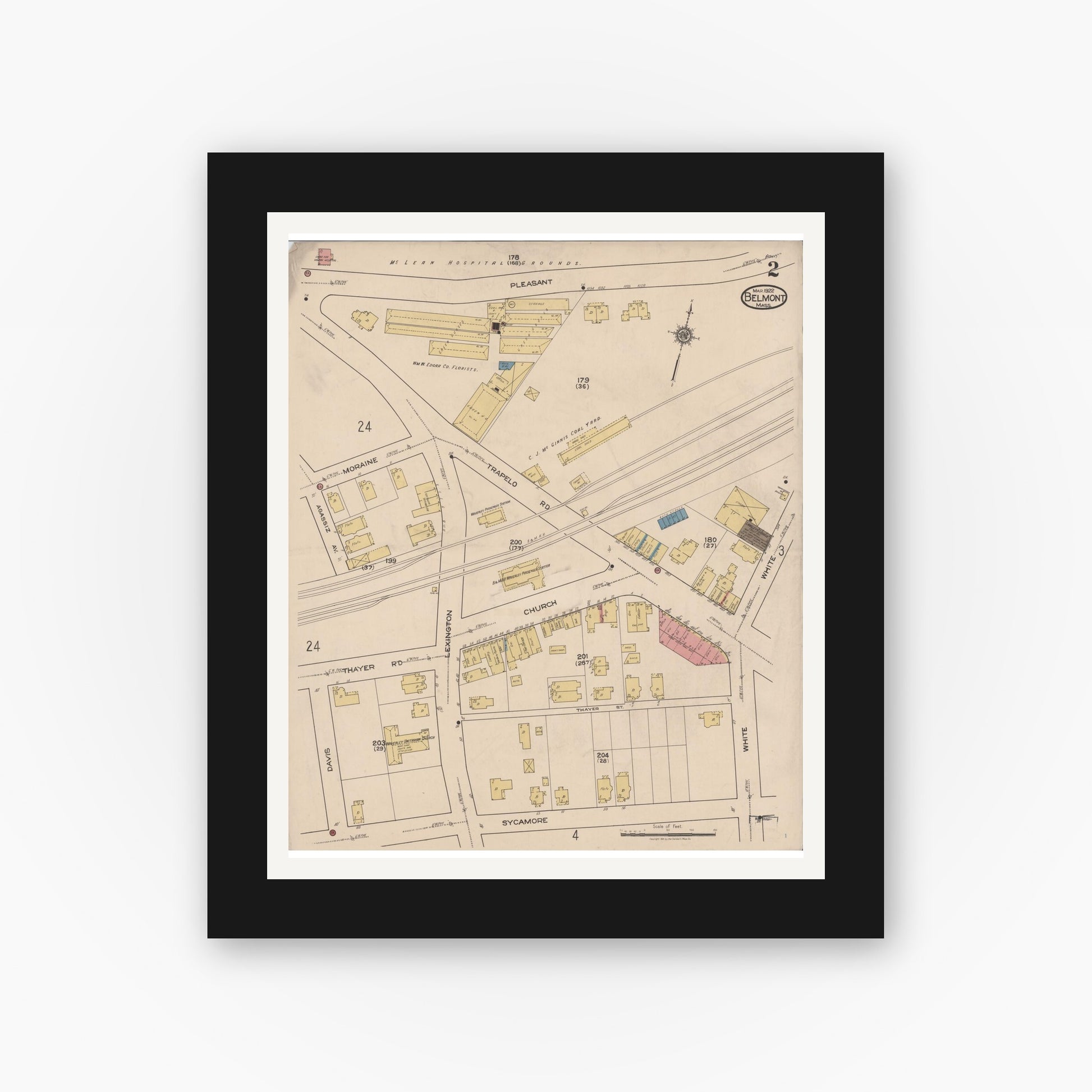 Old map wall art mockup — black gallery frame with white mat — Sanborn Fire Insurance Map from Belmont, Middlesex County, Massachusetts (1922), Sheet #0002