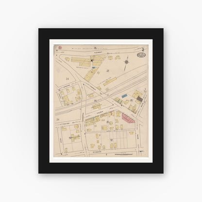 Old map wall art mockup — black gallery frame with white mat — Sanborn Fire Insurance Map from Belmont, Middlesex County, Massachusetts (1922), Sheet #0002