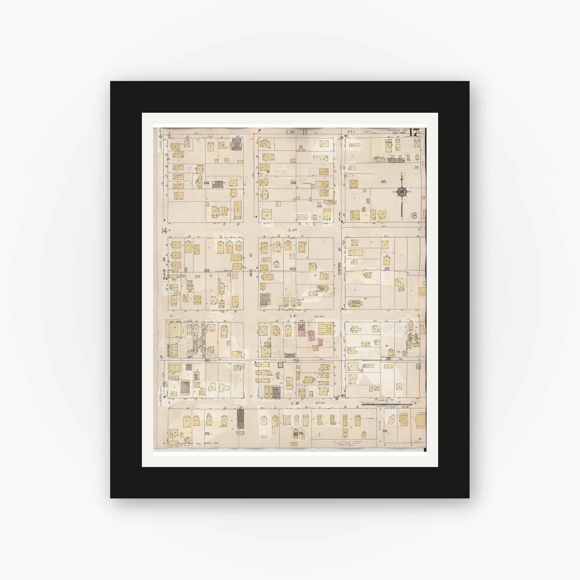 Old map wall art mockup — black gallery frame with white mat — Sanborn Fire Insurance Map from Calexico, Imperial County, California (1949), Sheet #0017