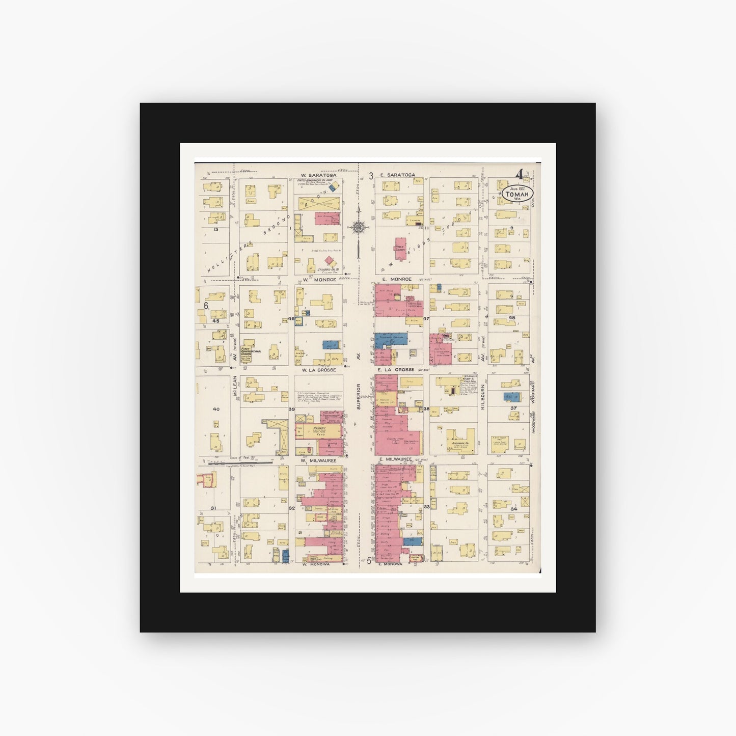 Old map wall art mockup — black gallery frame with white mat — Sanborn Fire Insurance Map from Tomah, Monroe County, Wisconsin (1922), Sheet #0004