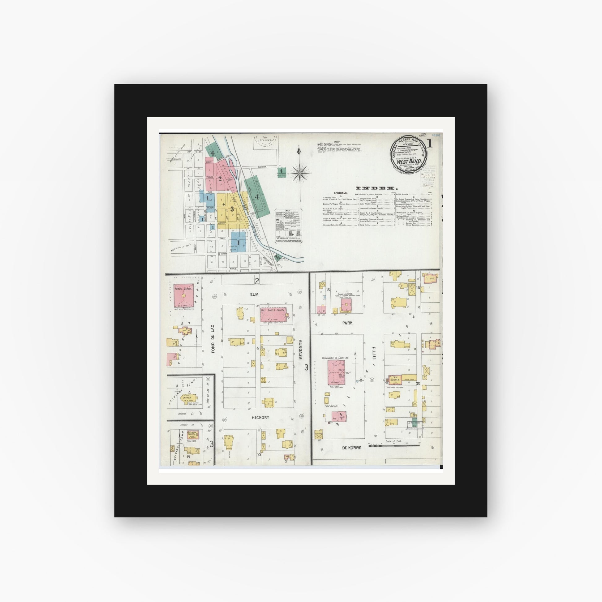 Old map wall art mockup — black gallery frame with white mat — Sanborn Fire Insurance Map from West Bend, Washington County, Wisconsin (1900) - Complete Map Set
