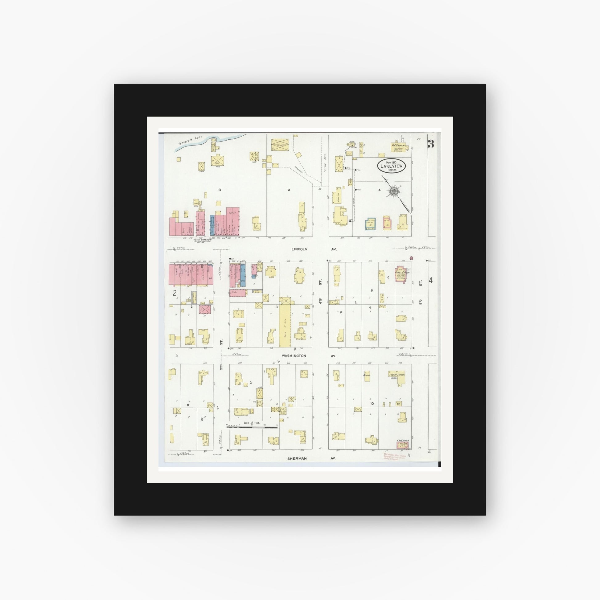 Old map wall art mockup — black gallery frame with white mat — Sanborn Fire Insurance Map from Lakeview, Montcalm County, Michigan (1910), Sheet #0003