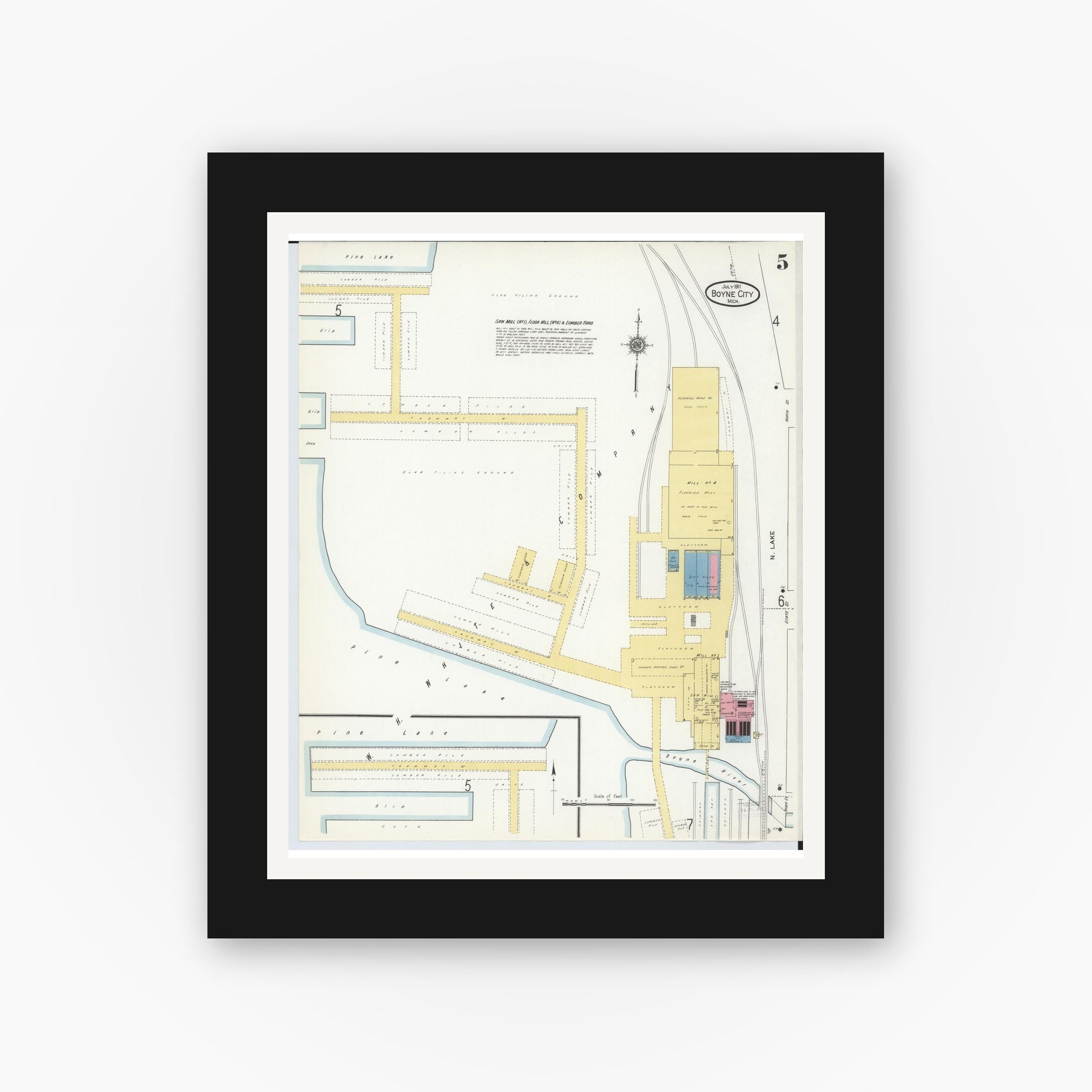 Old map wall art mockup — black gallery frame with white mat — Sanborn Fire Insurance Map from Boyne City, Charlevoix County, Michigan (1911), Sheet #0005