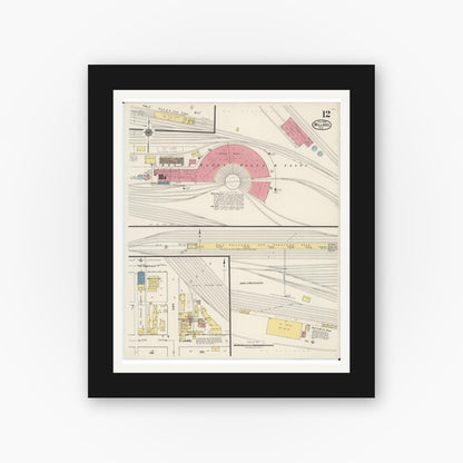 Old map wall art mockup — black gallery frame with white mat — Sanborn Fire Insurance Map from Willard, Huron County, Ohio (1922), Sheet #0012
