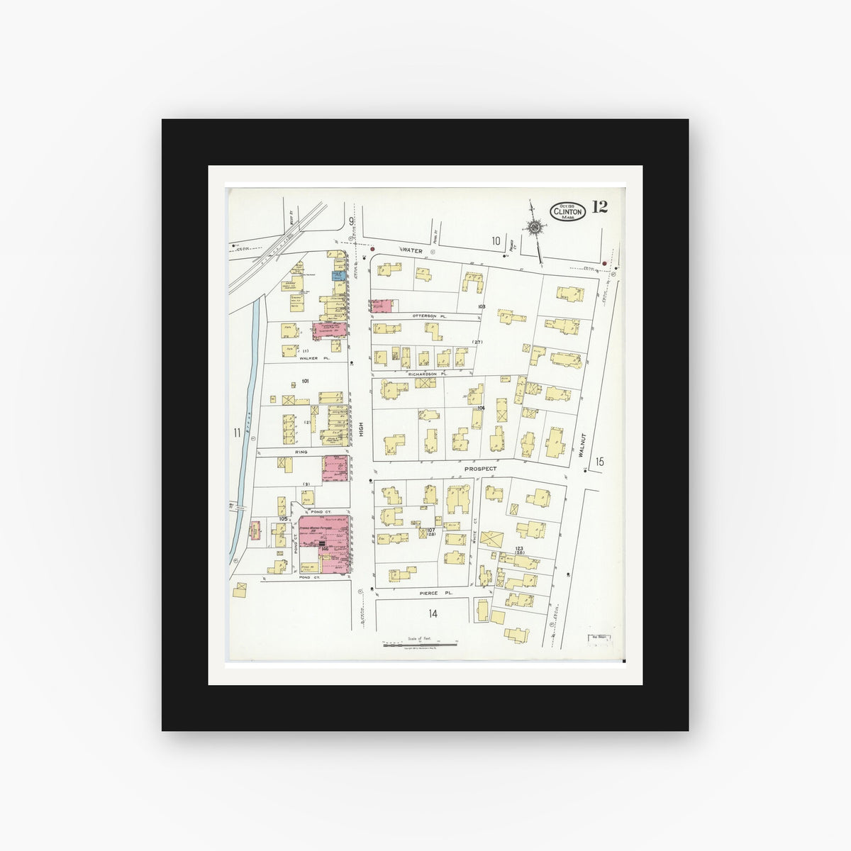 Old map wall art mockup — black gallery frame with white mat — Sanborn Fire Insurance Map from Clinton, Worcester County, Massachusetts (1919), Sheet #0012