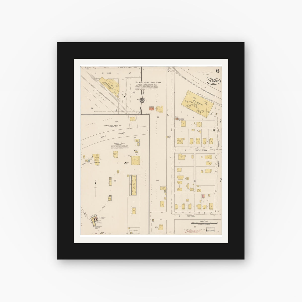 Old map wall art mockup — black gallery frame with white mat — Sanborn Fire Insurance Map from Fillmore, Ventura County, California (1918), Sheet #0006