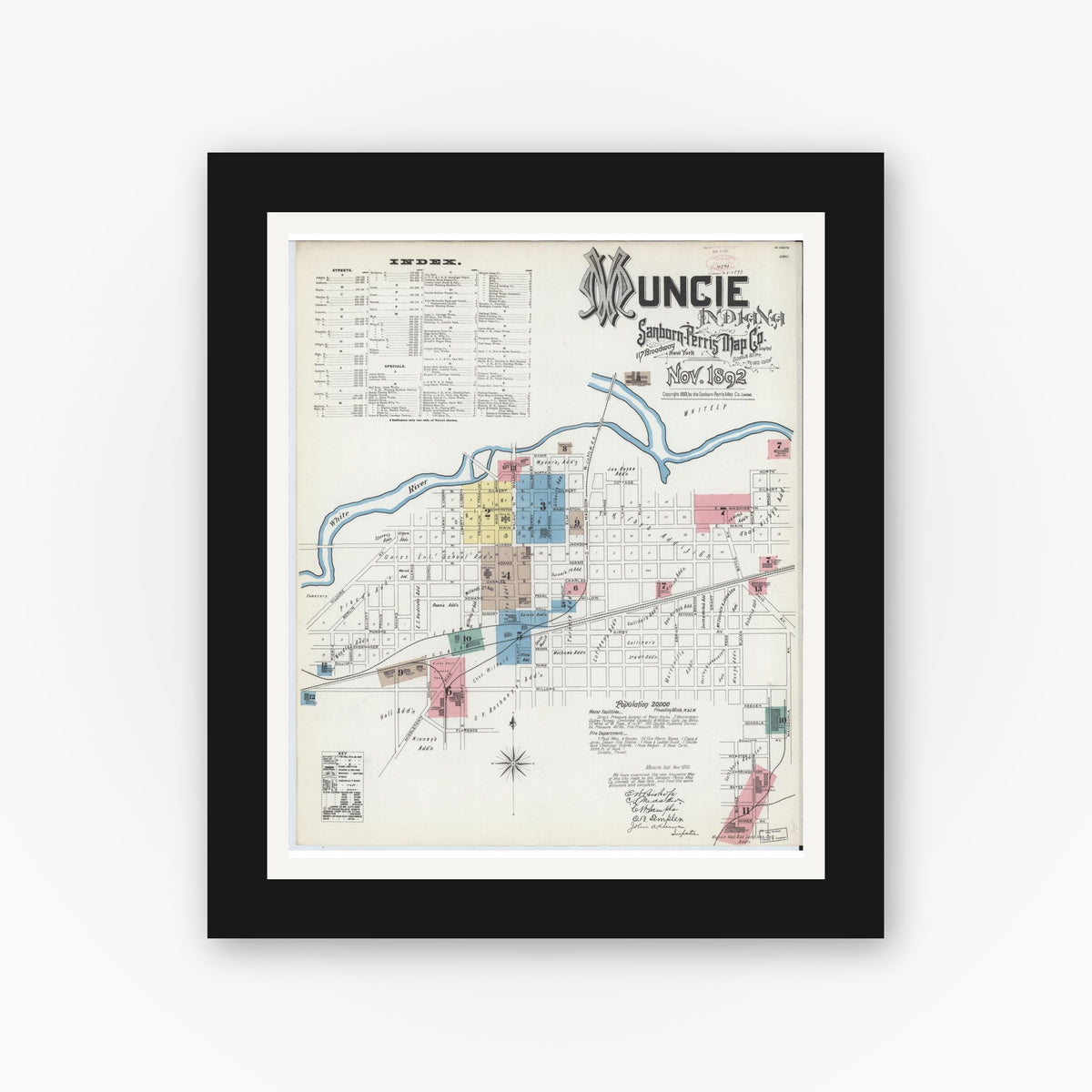 Old map wall art mockup — black gallery frame with white mat — Sanborn Fire Insurance Map from Muncie, Delaware County, Indiana (1892), Sheet #0001